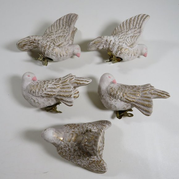 Ceramic (5) Birds with Clips in color Off White & Gold - Picture 1 of 11